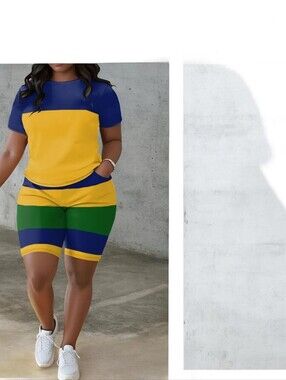Colorblock Blue, Yellow, & Green Women’s Short Set